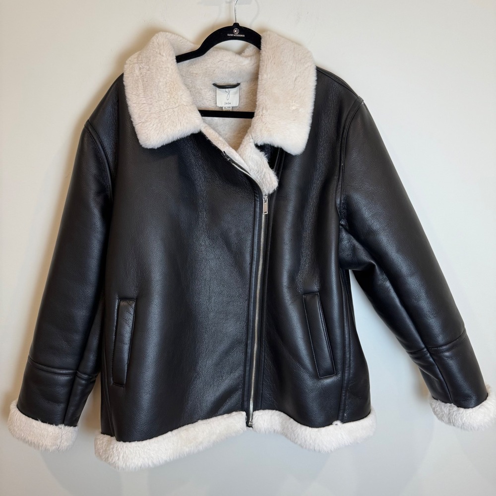Joie Faux Fur Lined Black Faux Leather Aviator Moto Jacket XL